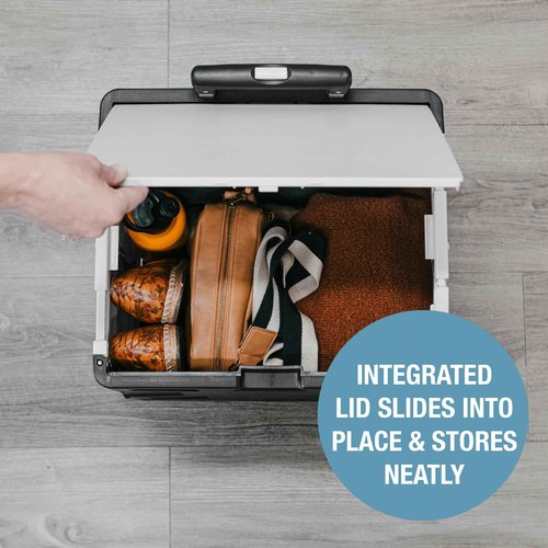 CleverMade Collapsible Wheeled Crate with Lid, 4-Wheels - Swivel and Glide Rolling Crate with Handle and Double Wheels for Easy Transport and Versatile Use - 35L and 75lb Capacity, Black/Cream