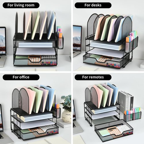 ORDROLL Desk Organizers and Accessories with Drawer, File Organizer with 5 Vertical File Holders and Pen Holders, Office Desk Accessories Workspace Desktop Organizers for Office Supplies (Black)