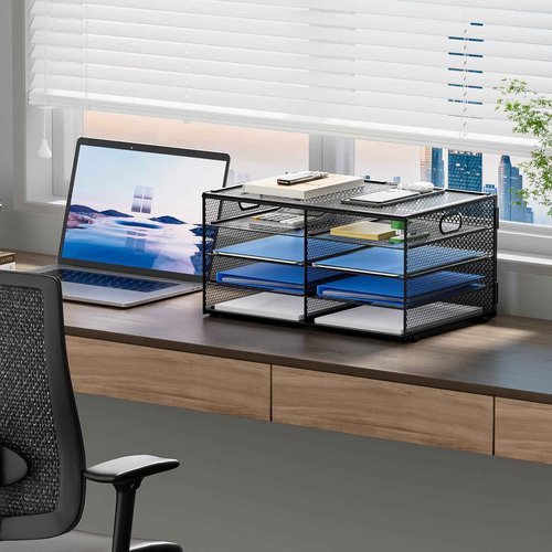 Lavatino 8 Compartments Paper Organizer for Desk, Mesh Literature Organizer, Mail File Sorter Tray with Handle, Desktop Mailbox for Office Classroom Home, Black