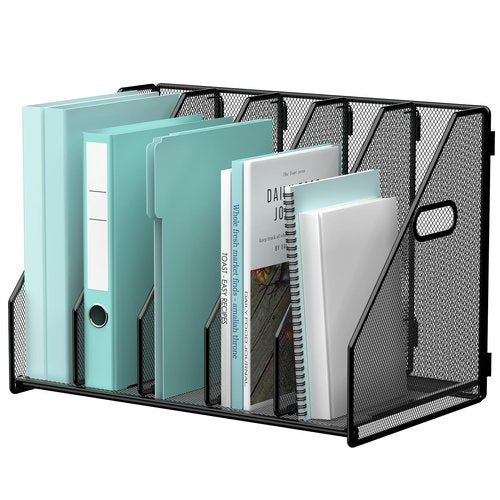 Gawerk Desktop File Magazine Folder Holder 5 Vertical Compartments, Desk Organizer Vertical Magazine Folder Organize with Side Handles, for Office Home School, Black