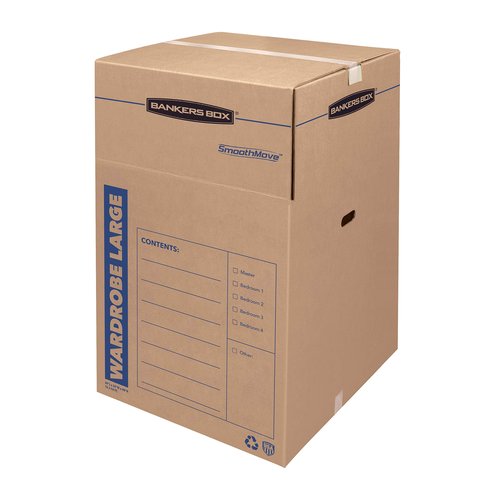 Bankers Box SmoothMove Wardrobe Moving Boxes, 3 Pack (7711001) SmoothMove Classic Moving Boxes, Tape-Free Assembly, Easy Carry Handles, Small, 15 x 12 x 10 Inches, Brown