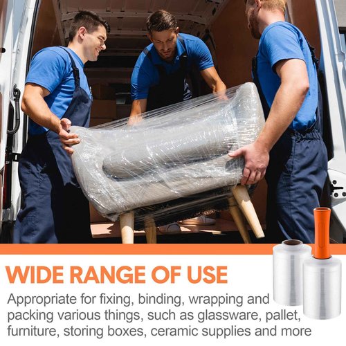 Jutom 8 Pcs Clear Stretch Wrap Roll Plastic Wrap for Moving with 2 Handles 5" x 1000 ft Cling Packaging Shrink Film Self Adhering Shipping Supply for Moving Bounding Storing Pallet Furniture (Orange)