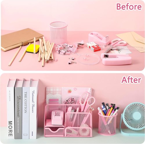 Regine Switzerland Pink Office Desk Accessories - 12-Piece Organizer Set with Tape Dispenser, Stapler & More