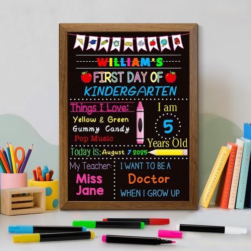 First and Last Day of School Board Sign, 14×11 Inch Double-Sided Chalkboard with 6 Colorful Markers, 1st day of kindergarten Sign, Reusable Preschool Board, Back to School Kindergarten Supplies