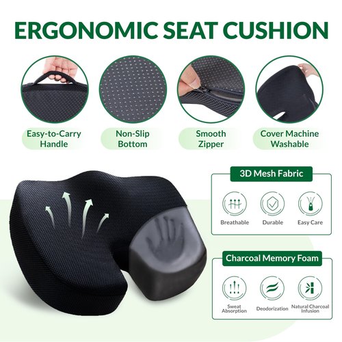 FuturaLoom Seat Cushion & Adjustable Lumbar Support Pillow Set,Charcoal Memory Foam for Sciatica,Back & Tailbone Pain Relief,Washable Cover & Non-Slip,Ergonomic for Office Chair,Car,Wheelchair -Black