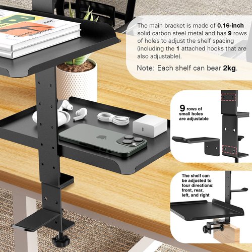 ONDAIUN 3 Tier Clamp On Desk Shelf - Over Or Under Table Clamp,with Adjustable Metal Storage Tray Headphone Stand with No Drill Installation, for Home Office, Gaming Devices,Storage Tray,and More