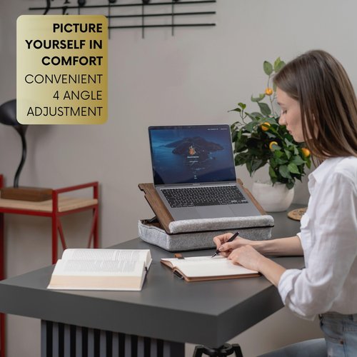 Vigo Wood Laptop Tray - Lap Tray with Cushion, Laptop Table for Bed & Sofa, Adjustable Lap Desk, Portable Bed Table for Work & Study, Ergonomic Wooden Stand for Home Office (Walnut)