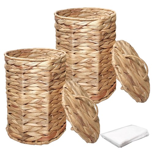 TANEMUDO 2 Pcs Wicker Trash Can Basket with Lid for Bathroom, Bedroom, Kitchen, Office, Home, Farmhouse Small Woven Waste Basket with 200 Pieces of Trash Bags (Brown)