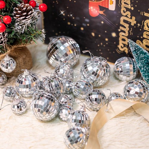 Mini Mirror Disco Ball Ornaments: Hanging Disco Ball Silver Party Decorations Set 28 Pack - Small Mirror Balls Decor for Wedding Christmas Birthday Cake Topper (1.2/1.6/2/2.4 Inch)