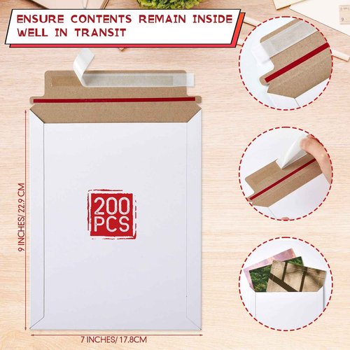 Fainne 7 x 9 Inch White Rigid Mailers Kraft Cardboard Envelope Bulk Self Adhesive Flat Shipping Bag for Office Mailing Document Photo Letters Packaging Supplies(White)