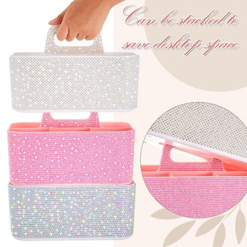 Marspark Bling Girly Caddy Organizer with Handle, 9.8 Inch Sparkly Pen Pencil holder for Back to School, Classroom, Office Desk Accessories Organizer for Pen Brush Makeup Supplies(White,Pearl Diamond)