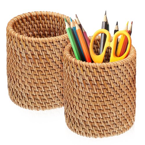 Lurrose 2pcs Rattan Pencil Holder Handmade Pen Cup Wicker Makeup Brushes Holder Woven Vine Pen Container Desk Organizer for Home Office Desktop Kitchen Utensil
