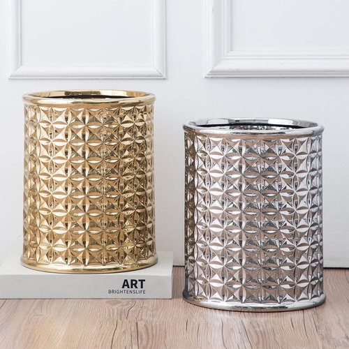 Gold Ceramic Trash Can - Round Waste Bin for Bathroom Vanity & Kitchen Desk, Durable Small Garbage Can with Lid, Modern Home Office Decor, Space-Saving Design