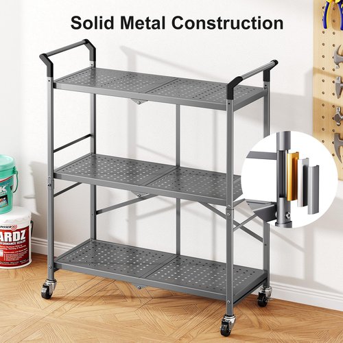SNTD 3 Tier Rolling Cart Metal - Folding Utility Carts with Wheels for Office Storage Garage Kitchen, Grey