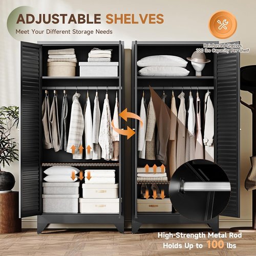 Letaya Armoire - 20" Deep Metal Wardrobe Closet with Doors, Shelves & Hanging Rod - Black