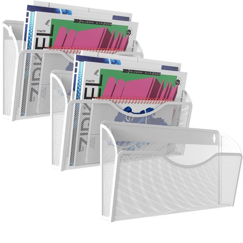 KZWKRG 3 Pack Wall File Organizer, Vertical Mesh Hanging Wall File Holder, Wall Mounted Basket Magazine Mail Organizer for Office, Home(White)