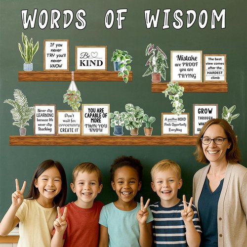 Arosche Classroom Decor Bulletin Board Decorations Set Words of Wisdom Potted Plant Greenery Cutouts Motivational Welcome Back to School Bulletin Board Border for Classroom Chalkboard Wall Door