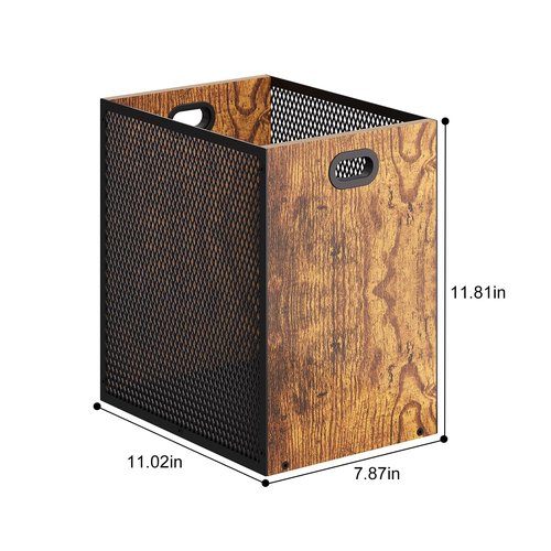 Retro Office Trash Can, Iron and Wood Combination Bedroom Garbage Can, Rectangular Design Wastebasket with Handle, Industrial Style Trash Can for Home Office, 11.02" X 7.87" X 11.81" 4.5 Gallon (2)