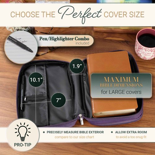 Christian Art Gifts Inspirational Vegan Leather Two-fold Organizer Bible Cover for Women, Jesus Fish Badge, Sturdy Carry Handle, Pen Loops, Pockets, Pen/Highlighter Combo & Notepad, Purple, Large