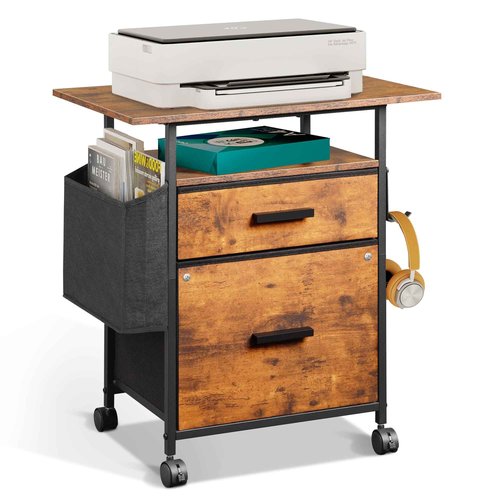 NASHZEN File Cabinet Printer Stand, Fabric Mobile Filing Cabinet with 2 Storage Drawers, for Hanging A4, Letter Size File Folders, Open Shelf with Storage Bag and Hooks Home Office, Rustic Brown