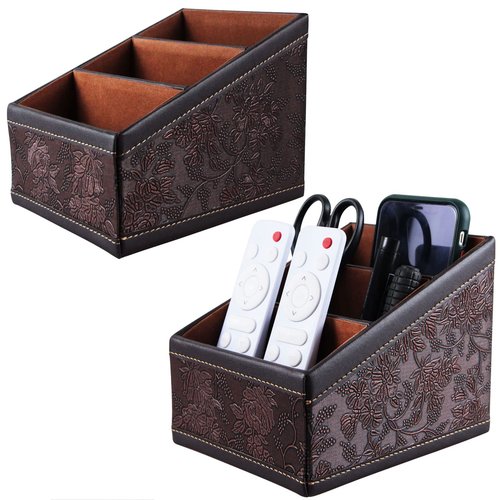 Daixers 2 Pack PU Leather Remote Control Holder Storage Container for TV Remote Phone Caddy Eyeglasses（Brown）