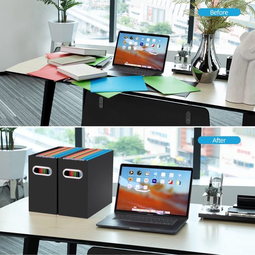 Oterri File Organizer, 2 Packs Small Storage Box, Cardboard File Folder Organizer, Collapsible File Box for Hanging File Folders Letter Size, Portable Filing Organizer with Handle（Black）