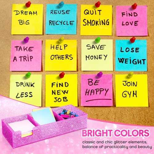 Chunful 3in1 3"x3" Acrylic Glitter Sticky Note Holder For Desk Crystal Acrylic Memo Pad Dispenser Bright Pink Self Stick Note Pad Holder for Dorm Room Home Desk Organizer School Office Supplies