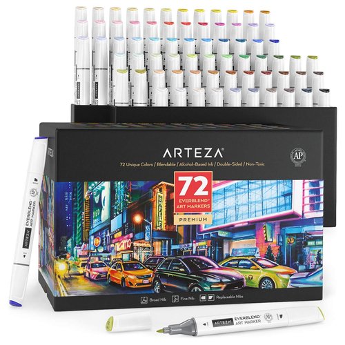 ARTEZA Art Alcohol Markers Set of 72 Colors, EverBlend Dual Tip Markers with Organizer Box, Fine and Broad Chisel Nib