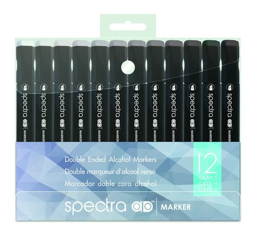 AD Marker Chartpak Spectra, Tri-Nib and Brush Dual-Tip, 12 Assorted Cool Gray Color Set in Plastic Case, 1 Each (SCGRAY1AD)