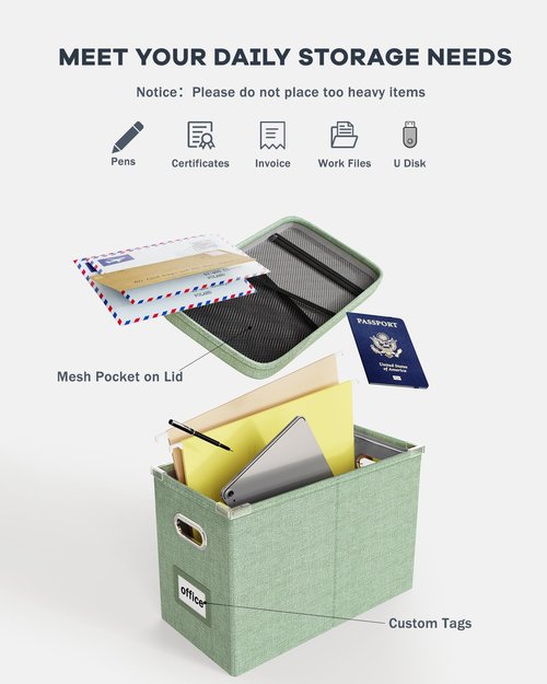 Oterri File Organizer Box with Lid, Hanging Filing File Box with Mesh Pocket, Document Organizer Box for Letter Files, Portable Storage Box(1 PCS, Green)