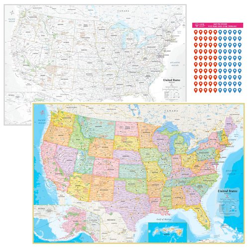 NOWMAP AquaShield Double-Sided United States, USA Map Waterproof Poster 24x36 - Folded with (Pin Stickers)