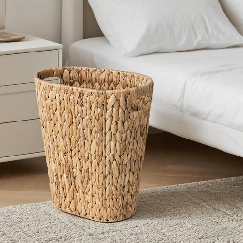 2 Pack Handwoven Water Hyacinth Trash Can - Natural Wicker Waste Basket with Wooden Handles, Slim Oval Design for Bathroom, Bedroom, Office (13"x7.5"x12") | Eco-Friendly & Space-Saving Storage Bin (2)
