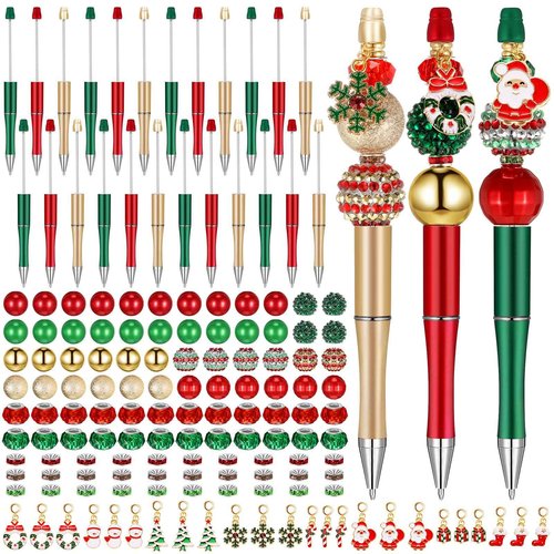 Fulmoon 24 Pcs Christmas Beadable Pens Bulk Plastic Bead Pens with 108 Pcs Assorted Beads 24 Pcs Charms Snowmen Santa Snowflake for Christmas Gifts School Office Supplies(Red, Green, Gold, Santa)