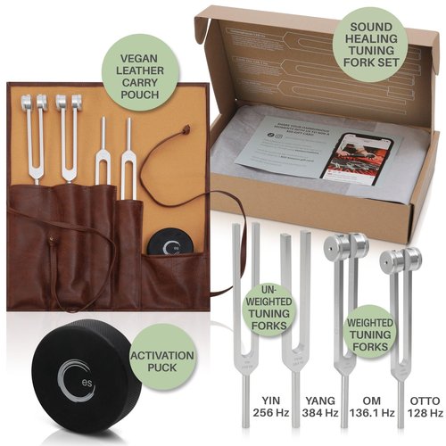 Resonance Tuning Forks for Healing Set - 128Hz, 136.1Hz, 256Hz, 384Hz Weighted & Unweighted Tuning Fork Set Includes Hockey Puck Activator - Chakra Sound Therapy Instruments in a Vegan Leather Pouch
