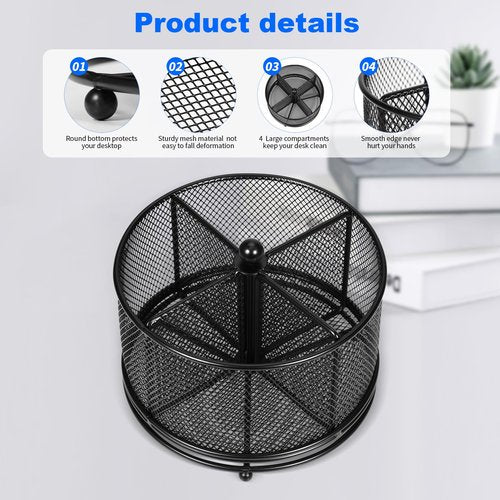 PNEUICALLY Pen Holder for Desk,360° Rotating Mesh Desk Organizer with Large Capacity 4 Compartments,Multi Functional Desk Accessories and Makeup Brush Holder for Office School Home (Black)