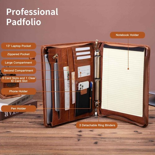Geslun Genuine Leather Portfolio with 3 Ring Binder, Full Grain Leather Padfolio Zippered, A4 Notebook Holder Laptop Sleeve Professional Folder Organizer Gift for Men and Women, Brown, Oil Tanned