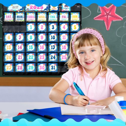 AmazingSpark Classroom Calendar Pocket Chart Set Ocean Calendar Bulletin Board Set with Pocket Seasons Festival Weather Chart for Classroom Decoration Back to School Supplies