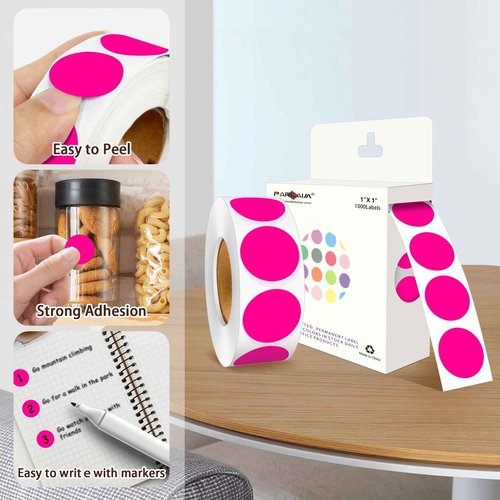 PARLAIM 1 Inch Round Color-Code Dot Stickers,10000per/10 Rolls dots Label Dispenser Box, Fluorescent Pink Circle Stickers Label for Office Home(Fluorescent Pink)
