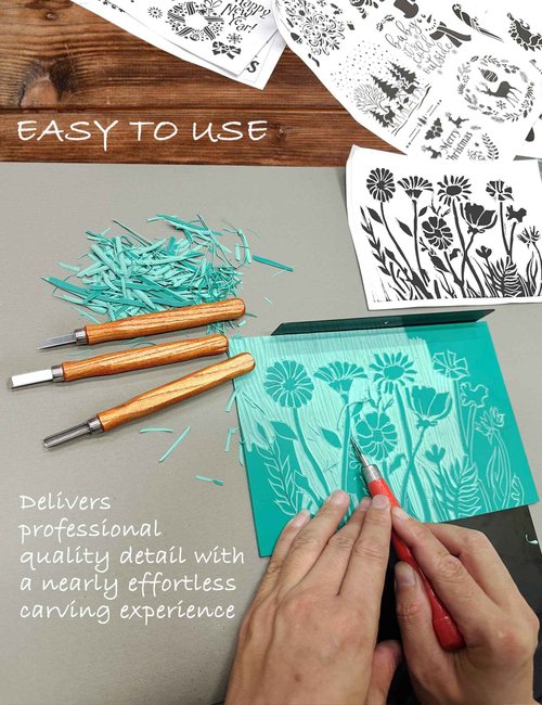 Xenolog Deluxe Block Printing kit - Premium lino Cutters, Linoleum Blocks for printmaking, Includes Printing Ink in 4 Colors, Brayer, baren, Basswood, Transfer Paper, Stencils, and Guide - Ideal Gift