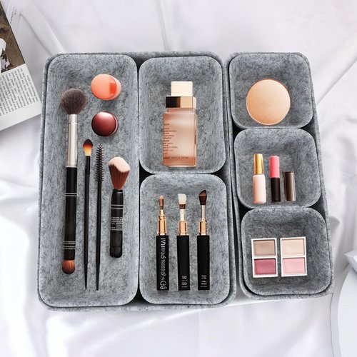 Bazasa Drawer Organizer 8 Pieces Felt Storage Bins for Office Desk Accessories and Cosmetic Desk Organizer and Dividers with 4 Sizes for Dressing Table Bathroom Bedside Table Bedroom (Light Grey)