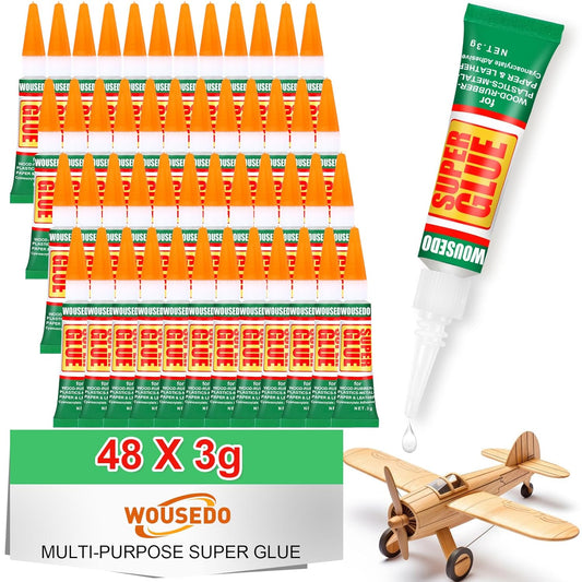 WOUSEDO Super Glue - Fast Drying Clear Adhesive for Wood, Rubber, Leather, Plastic & Metal | 48 x 3g
