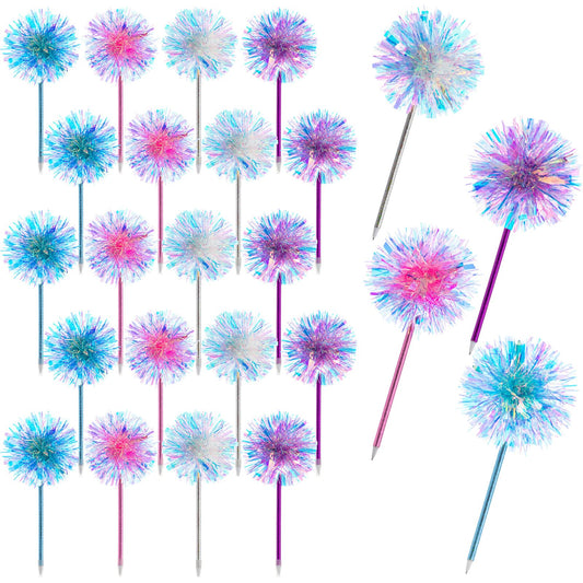 Crtiin 24 Pcs Pom Pom Pens Foil Firework Ballpoint Pens Glitter Sparkly Pen Bulk Birthday Party Favor Supply Goodie Bag Stuffer Wedding Party Decorations Gift (Multicolored)