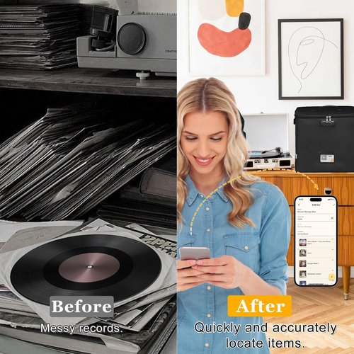 Vinyl Record Storage Box with Smart Labels,Fireproof Record Crate Collapsible Waterproof Album Storage with Lid for LP Album Collection,100+ Single Records Combination Lock Black