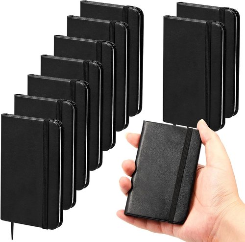 Qeeenar Mini Black Leather Pocket Notebooks - 10 Pcs, 4 x 2.5 Inch, 50 Sheets Lined for Writing