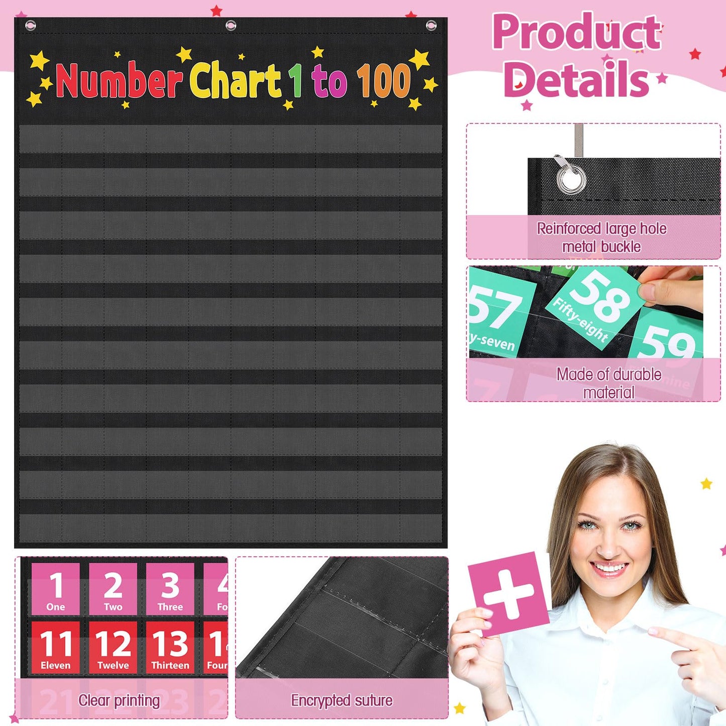 Frienda Hundreds Pocket Chart for Classroom with 100 Pockets 107 Double-Sided Number Cards 26 Blank Cards 1 Pen 3 Hooks Number Chart 1-100 for Classroom Home Learning Counting and Organizer(Classic)
