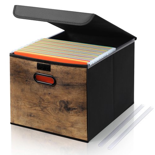 File Organizer Box with Wood Grain Pattern, Hanging Collapsible File Storage Bins with Lid Plastic Slides, Teacher Essentials for Back to School Classroom School Keepsake Organizer, Rustic Brown