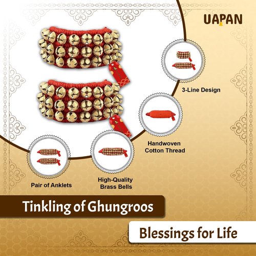 UAPAN Brass Ghungroo Anklets Bells (3 Line Pad, Red, Pair) For Women