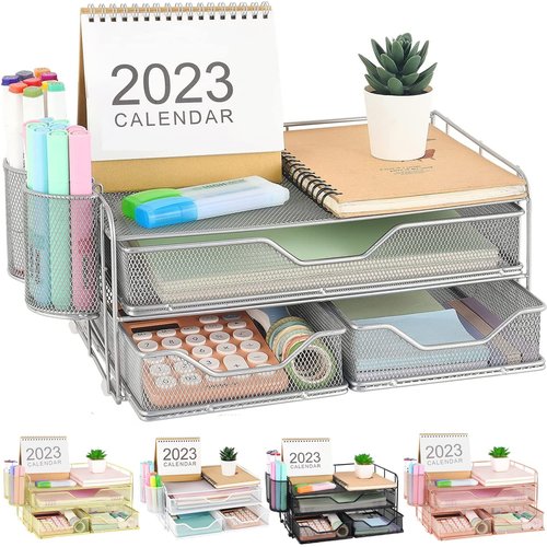 Gianotter 3-Tier Desk Drawer Organizer with 2 Pen Holder, Desk Accessories & Workspace Organizers for Home Office Supplies (Silver)