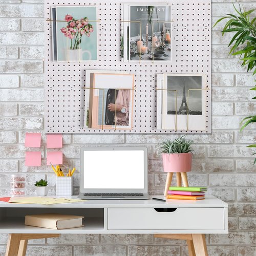 Beeveer 4 Pair Pegboard Display Shelves Expandable Width Metal Magazine Holder Hanging Wall File Organizer Pegboard Accessories Wall Decor for Pantry Exhibitions Trade Show Retail Store(Gold)