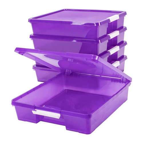 Storex Classroom Craft Project Box – Stacking Plastic Organizer Fits 12x12 Scrapbooking Paper, Purple, 5-Pack (63206U05C)